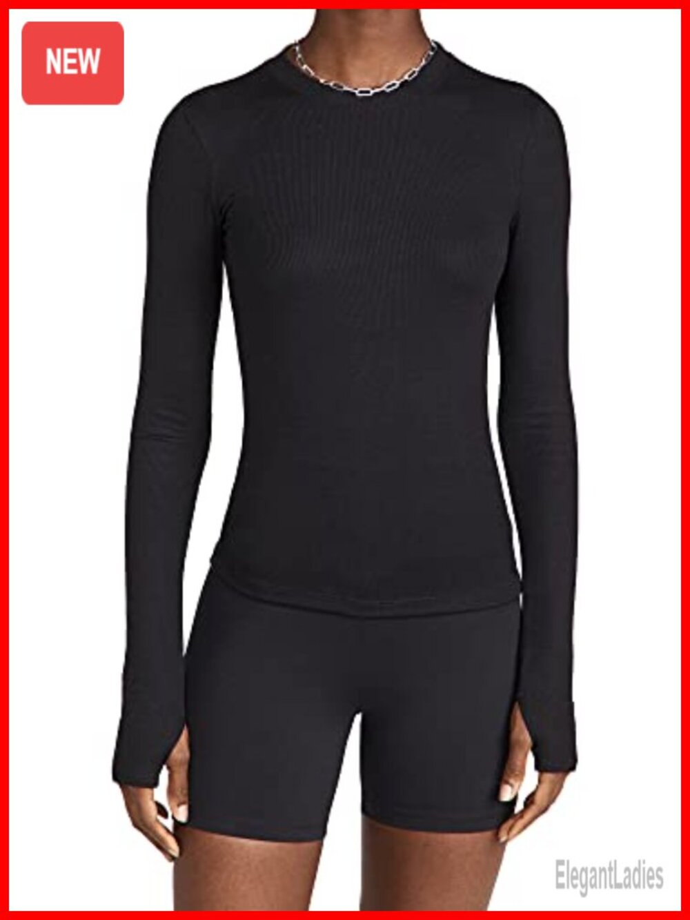 Ribbed Long Sleeve Thumbhole Fitted Pullover Top Casual Crew Neck
